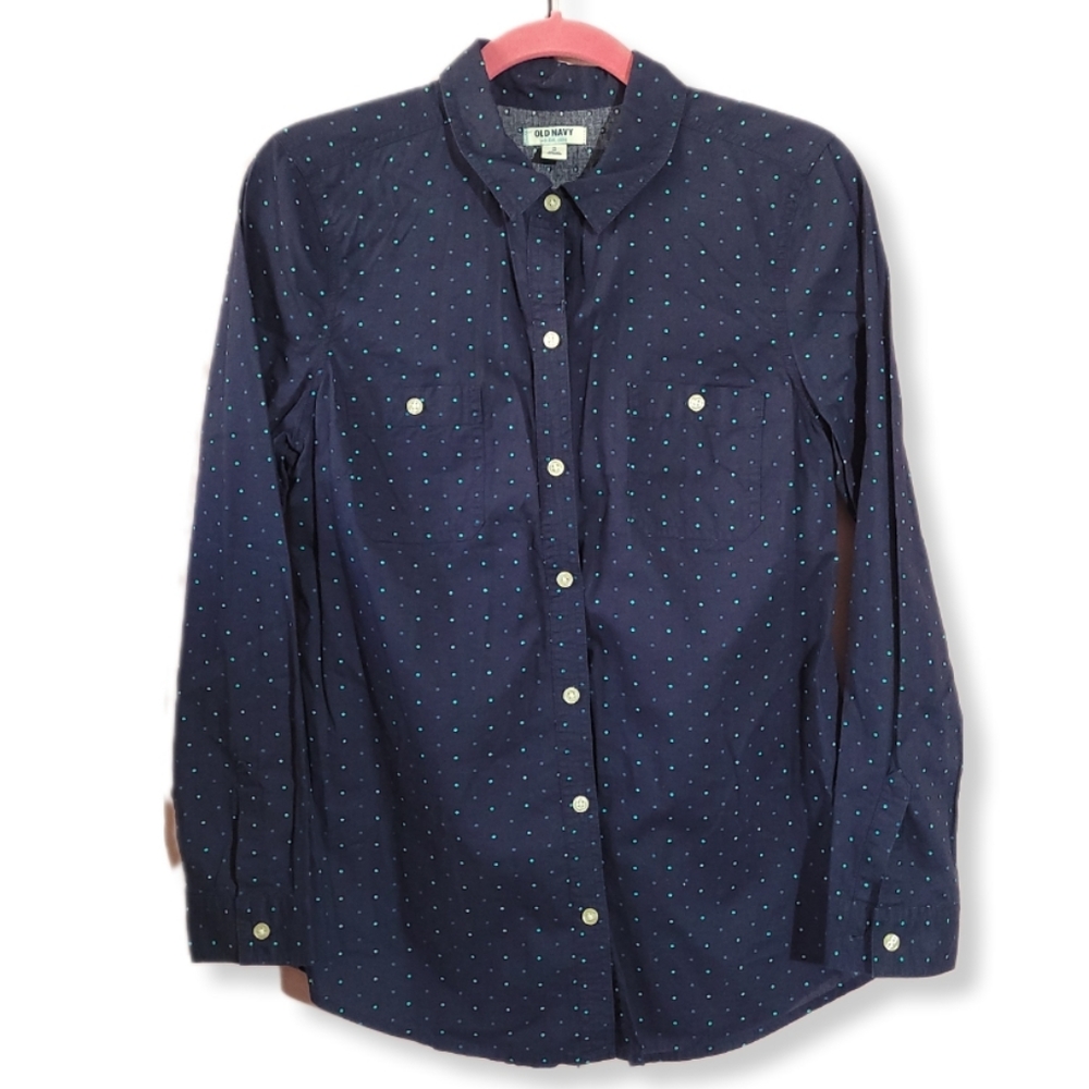 Old navy blue button-down shirt with   polkadots sizes M